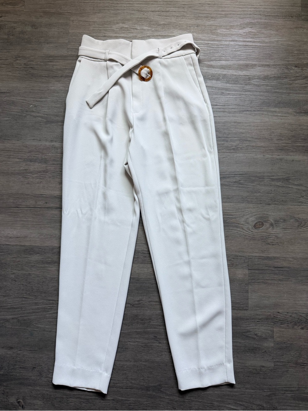 Mango Cream High-Waist Trousers with Tortoise Buckle